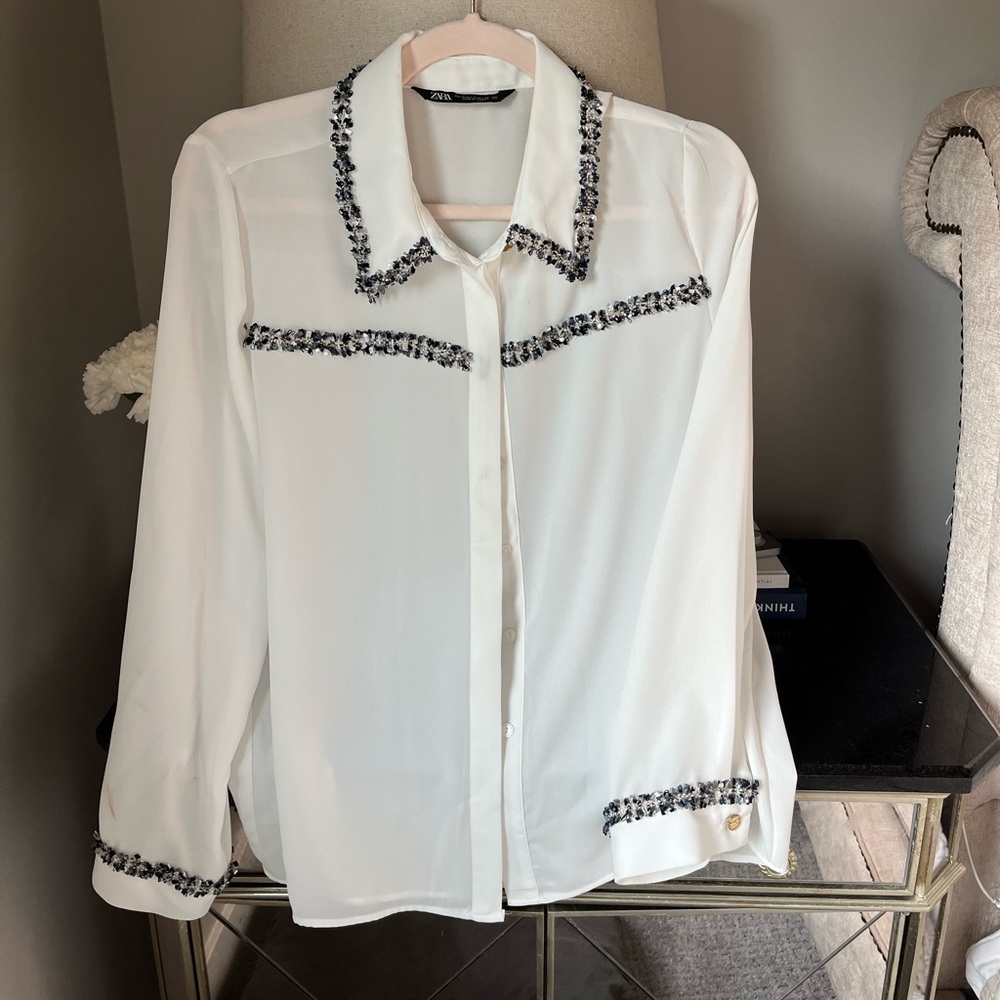 Zara White Blouse with Black Embellished Collar